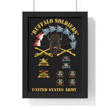 Load image into Gallery viewer, Premium Framed Vertical Poster - Buffalo Soldiers - Infantry - Cavalry Guidons with Buffalo Head  and Unit Crests - US Army
