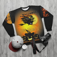 Load image into Gallery viewer, AOP Unisex Sweatshirt - Happy Halloween - Flying Witch with Multiple Halloween Scenes
