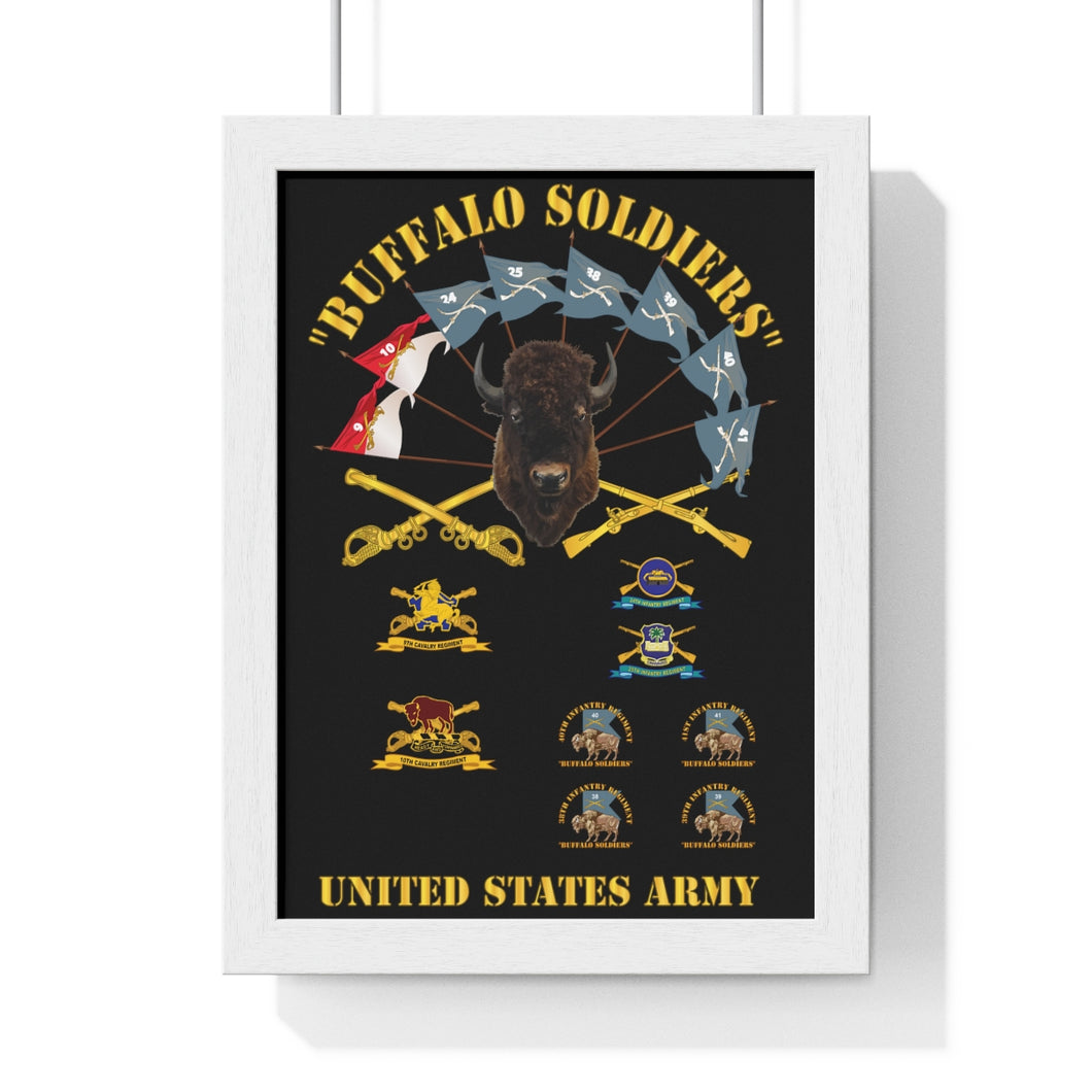 Premium Framed Vertical Poster - Buffalo Soldiers - Infantry - Cavalry Guidons with Buffalo Head  and Unit Crests - US Army