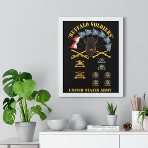 Premium Framed Vertical Poster - Buffalo Soldiers - Infantry - Cavalry Guidons with Buffalo Head  and Unit Crests - US Army