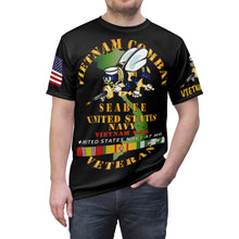 Load image into Gallery viewer, Unisex AOP Cut &amp; Sew Tee - US Navy Seabee - Vietnam Veteran with Bee and Vietnam Service Ribbons
