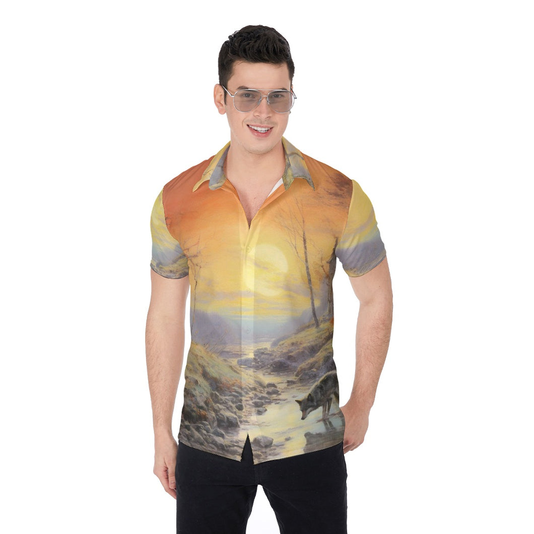 All-Over Print Men's Shirt - Sunset in the Jungle w Fox walking