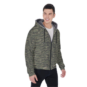 All-Over Print Men's Sherpa Fleece Zip Up Hoodie - Tiger Stripe Camouflage