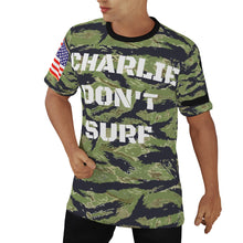 Load image into Gallery viewer, All-Over Print Men&#39;s O-Neck T-Shirt - Army - Tiger Stripe Camo - Charlie Don&#39;t Surf! Back w Surfer
