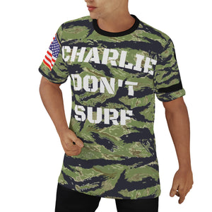 All-Over Print Men's O-Neck T-Shirt - Army - Tiger Stripe Camo - Charlie Don't Surf! Back w Surfer