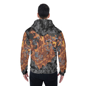 All-Over Print Men's Sherpa Fleece Zip Up Hoodie - Skull on Fire