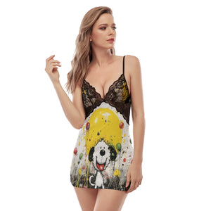 Painted Tree - Smiling Puppy - All-Over Print Women's Back Straps Cami Dress With Lace