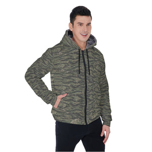 All-Over Print Men's Sherpa Fleece Zip Up Hoodie - Tiger Stripe Camouflage