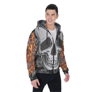 All-Over Print Men's Sherpa Fleece Zip Up Hoodie - Skull on Fire