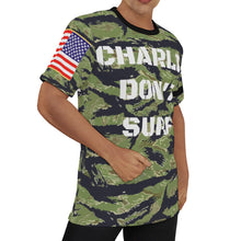 Load image into Gallery viewer, All-Over Print Men&#39;s O-Neck T-Shirt - Army - Tiger Stripe Camo - Charlie Don&#39;t Surf! Back w Surfer
