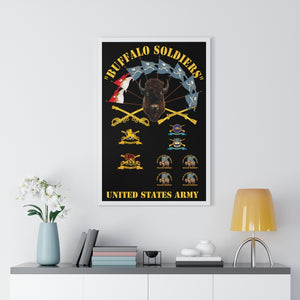 Premium Framed Vertical Poster - Buffalo Soldiers - Infantry - Cavalry Guidons with Buffalo Head  and Unit Crests - US Army