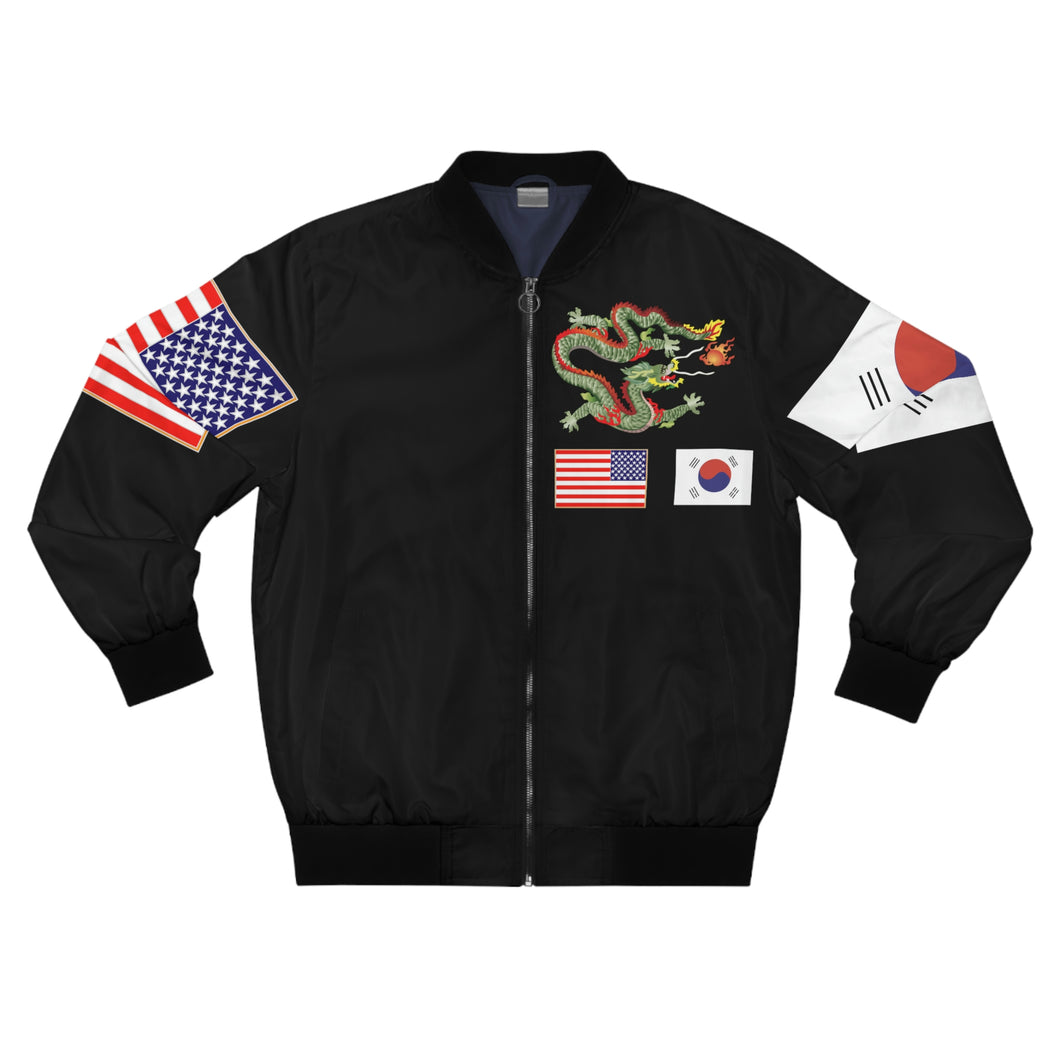 Men's AOP Bomber Jacket - Black Shirt with Korea Dragon and Flags