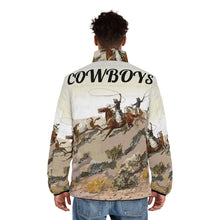 Load image into Gallery viewer, Men&#39;s Puffer Jacket (AOP) - Old West Cowboys Wrangling the Herd w Text
