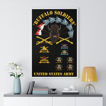 Load image into Gallery viewer, Premium Framed Vertical Poster - Buffalo Soldiers - Infantry - Cavalry Guidons with Buffalo Head  and Unit Crests - US Army
