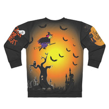 Load image into Gallery viewer, AOP Unisex Sweatshirt - Happy Halloween - Flying Witch with Multiple Halloween Scenes
