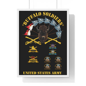 Premium Framed Vertical Poster - Buffalo Soldiers - Infantry - Cavalry Guidons with Buffalo Head  and Unit Crests - US Army