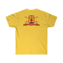 Load image into Gallery viewer, Unisex Ultra Cotton Tee - Army - 57th Artillery Brigade - Distinctive Unit Insignia (DUI) and Shoulder Patch  (SSI) with Artillery Branch and Ribbon
