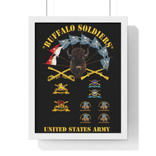 Load image into Gallery viewer, Premium Framed Vertical Poster - Buffalo Soldiers - Infantry - Cavalry Guidons with Buffalo Head  and Unit Crests - US Army
