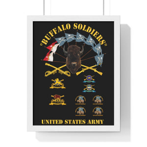 Premium Framed Vertical Poster - Buffalo Soldiers - Infantry - Cavalry Guidons with Buffalo Head  and Unit Crests - US Army