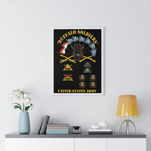 Load image into Gallery viewer, Premium Framed Vertical Poster - Buffalo Soldiers - Infantry - Cavalry Guidons with Buffalo Head  and Unit Crests - US Army
