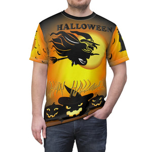 Unisex AOP Cut & Sew Tee - Happy Halloween - Flying Witch with Pumpkins and multiple Scenes - Trick or Treet