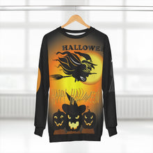 Load image into Gallery viewer, AOP Unisex Sweatshirt - Happy Halloween - Flying Witch with Multiple Halloween Scenes
