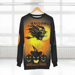 AOP Unisex Sweatshirt - Happy Halloween - Flying Witch with Multiple Halloween Scenes