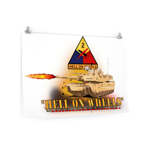 Premium Matte horizontal posters - Army - 2nd Armored Division  - M1A1 Tank  - Hell on Wheels w Fire X 300