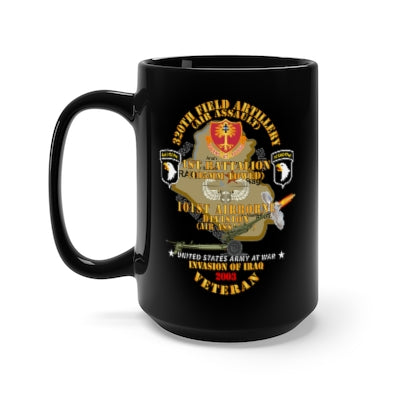 Black Mug 15oz - Army - 1st Bn, 320th FA, 101st Airborne Div - Invasion - 2003 w AA Badge - w 105mm  Map