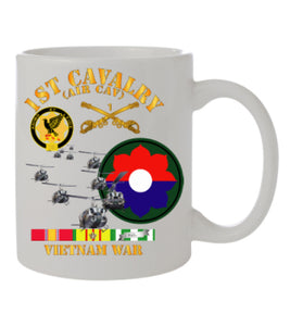 Black Mug 15 oz - Army - 1st Cavalry (Air Cav) - 9th Infantry Div - Vietnam Service Ribbons