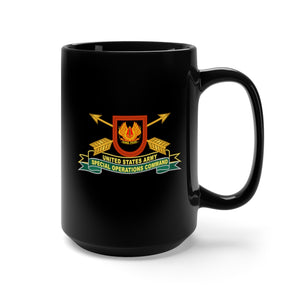 Black Coffee Mug 15oz - Army - US Army Special Operations Command - Sine Pari - Flash w Br - Ribbon X 300