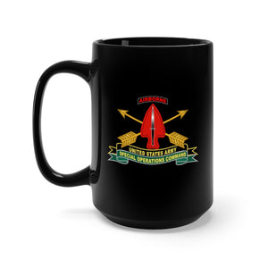 Black Coffee Mug 15oz - Army - US Army Special Operations Command - Sine Pari - SSI w Br - Ribbon X 300