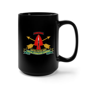 Black Coffee Mug 15oz - Army - US Army Special Operations Command - Sine Pari - SSI w Br - Ribbon X 300