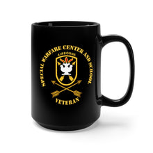 Load image into Gallery viewer, Black Mug 15oz - SOF - JFK Special Warfare Center - School SSI w Branch - Veteran wo Backgrnd
