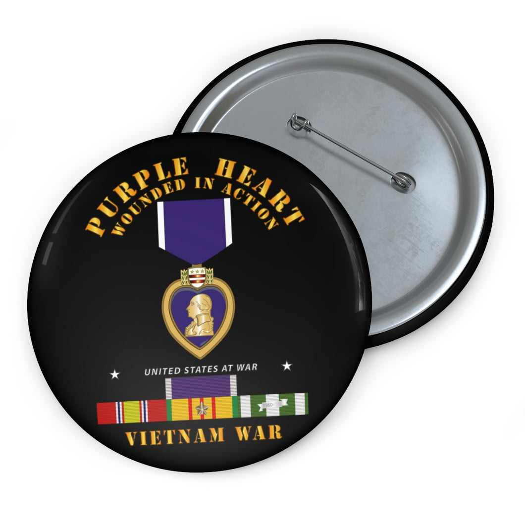 Custom Pin Buttons - Purple Heart - WIA w VN SVC w Purple Heart Ribbon