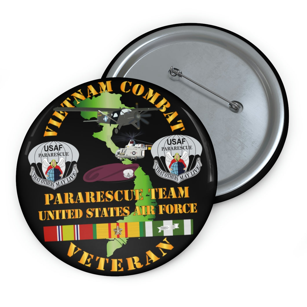 Custom Pin Buttons - USAF - Vietnam Combat Veteran w Pararescue Huskie