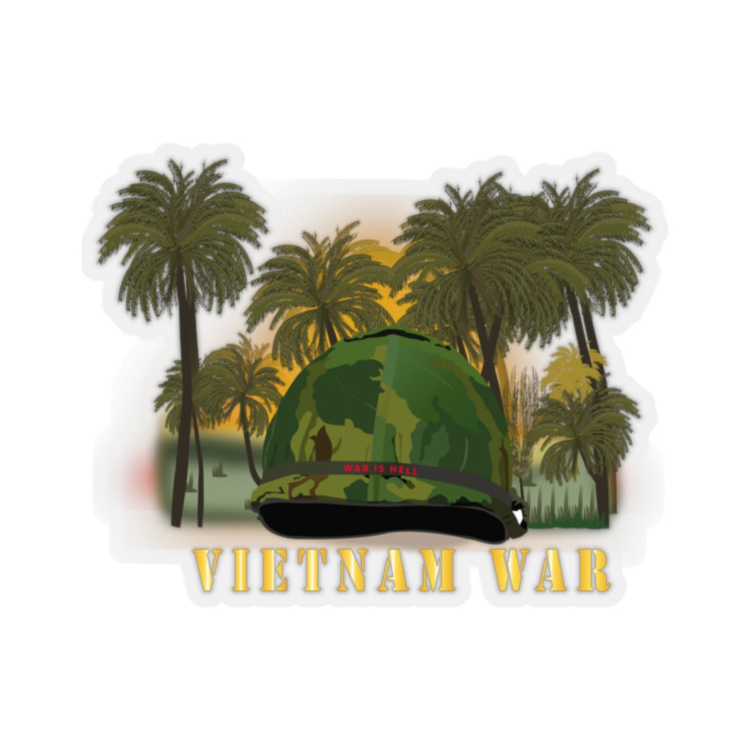 Kiss-Cut Stickers - Vietnam Era Helmet Cover - Band - Front - War is Hell w Jungle - Fire w Txt X 300