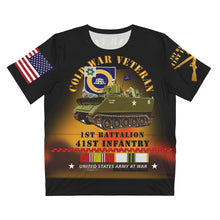 Load image into Gallery viewer, Unisex AOP Cut &amp; Sew T-Shirt - Cold War Veteran - 1st Battalion, 41st Infantry Regiment with M113/Guidon with Cold War Service Ribbons
