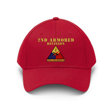 Load image into Gallery viewer, Unisex Twill Hat - 2nd Armored Division - Shoulder Sleeve Insignia (SSI) without Text - &quot;Hell on Wheels&quot;  - Direct to Garment (DTG) Printed
