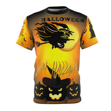 Load image into Gallery viewer, Unisex AOP Cut &amp; Sew Tee - Happy Halloween - Flying Witch with Pumpkins and multiple Scenes - Trick or Treet
