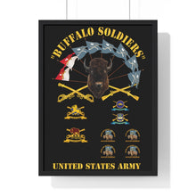 Load image into Gallery viewer, Premium Framed Vertical Poster - Buffalo Soldiers - Infantry - Cavalry Guidons with Buffalo Head  and Unit Crests - US Army
