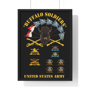 Premium Framed Vertical Poster - Buffalo Soldiers - Infantry - Cavalry Guidons with Buffalo Head  and Unit Crests - US Army