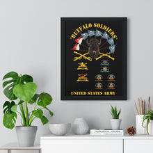 Load image into Gallery viewer, Premium Framed Vertical Poster - Buffalo Soldiers - Infantry - Cavalry Guidons with Buffalo Head  and Unit Crests - US Army
