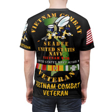 Load image into Gallery viewer, Unisex AOP Cut &amp; Sew Tee - US Navy Seabee - Vietnam Veteran with Bee and Vietnam Service Ribbons
