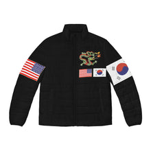 Load image into Gallery viewer, Men&#39;s Puffer Jacket (AOP) - Black Shirt with Korea Dragon and Flags
