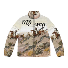 Load image into Gallery viewer, Men&#39;s Puffer Jacket (AOP) - Old West Cowboys Wrangling the Herd w Text
