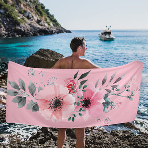 Beach Towel - Flower with Leaves on Pink