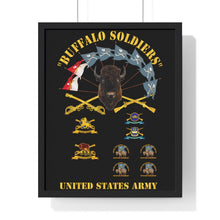 Load image into Gallery viewer, Premium Framed Vertical Poster - Buffalo Soldiers - Infantry - Cavalry Guidons with Buffalo Head  and Unit Crests - US Army
