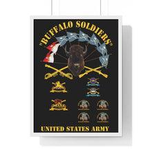 Load image into Gallery viewer, Premium Framed Vertical Poster - Buffalo Soldiers - Infantry - Cavalry Guidons with Buffalo Head  and Unit Crests - US Army
