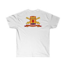 Load image into Gallery viewer, Unisex Ultra Cotton Tee - Army - 57th Artillery Brigade - Distinctive Unit Insignia (DUI) and Shoulder Patch  (SSI) with Artillery Branch and Ribbon
